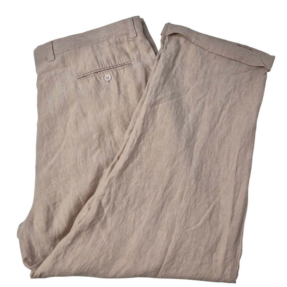 Inserch Linen Pants Mens 44 Relaxed Pleated Tan 100% Linen Cuffed Summer Beach